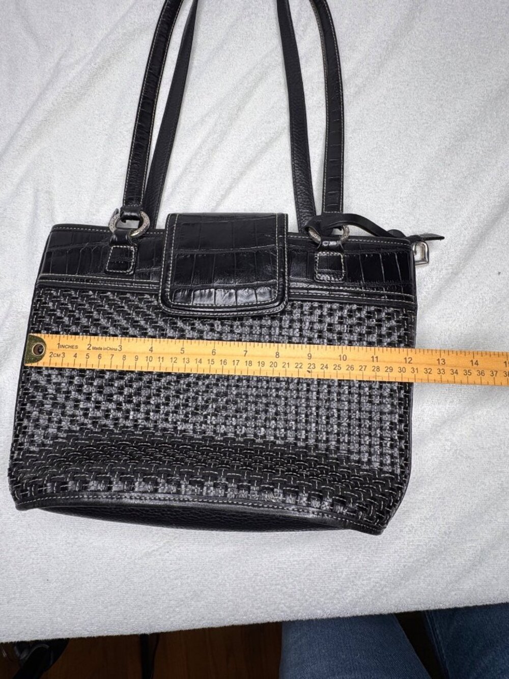 Brighton Black Leather Classic Tote Bag Basket Weave Front Panel Croc Trim - Picture 14 of 15